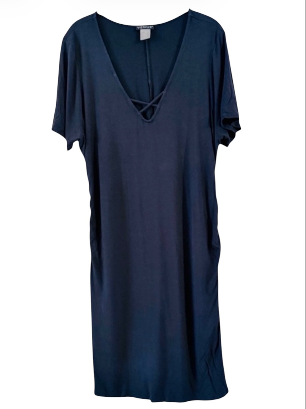 Venus Black Ruched Midi Dress V Neck Short Sleeve Plus Size 1X LBD